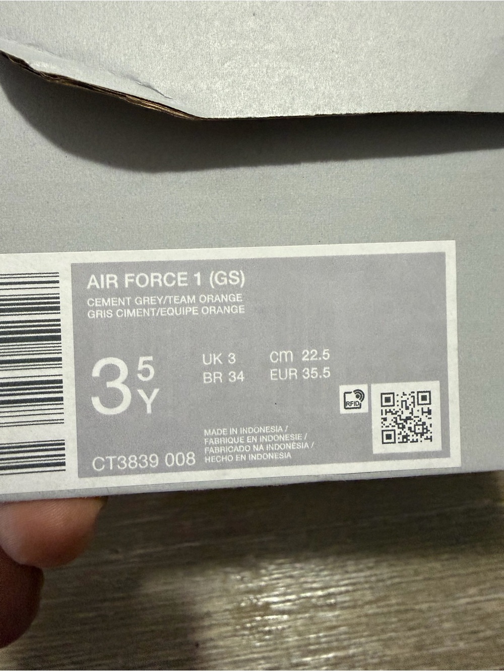 Nike Air Force 1 (GS) Cement Grey & Team Orange Box Label